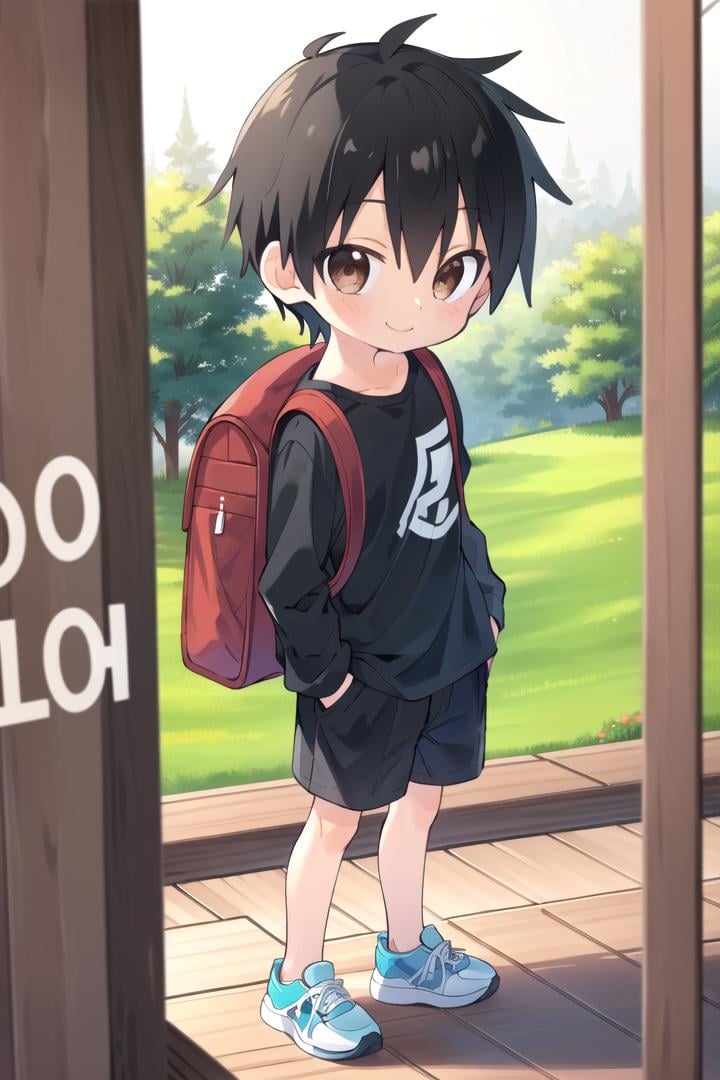 <lora:cutifiedanimecharacterdesign_variant_type_D_SD_v10:0.7>type-d, solo, looking at viewer, smile, short hair, shirt, black hair, 1boy, brown eyes, male focus, male child, wooden village, forest, full shot, sneakers, (straight on;1,2), front facing viewer, outside, bagpack