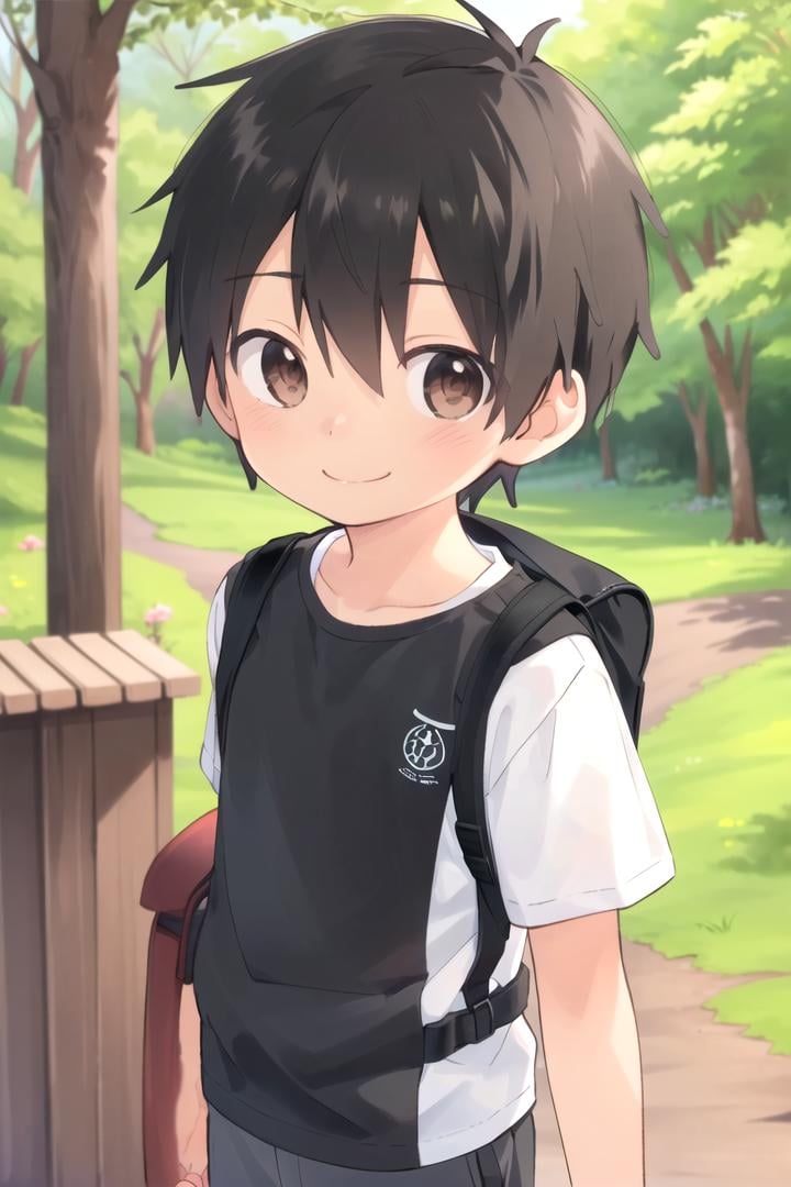 <lora:cutifiedanimecharacterdesign_variant_type_D_SD_v10:0.7>type-d, solo, looking at viewer, smile, short hair, shirt, black hair, 1boy, brown eyes, male focus, male child, wooden village, forest, full shot, sneakers, (straight on;1,2), front facing viewer, outside, bagpack