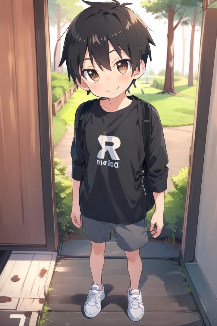 <lora:cutifiedanimecharacterdesign_variant_type_D_SD_v10:0.7>type-d, solo, looking at viewer, smile, short hair, shirt, black hair, 1boy, brown eyes, male focus, male child, wooden village, forest, full shot, sneakers, (straight on;1,2), front facing viewer, outside, bagpack