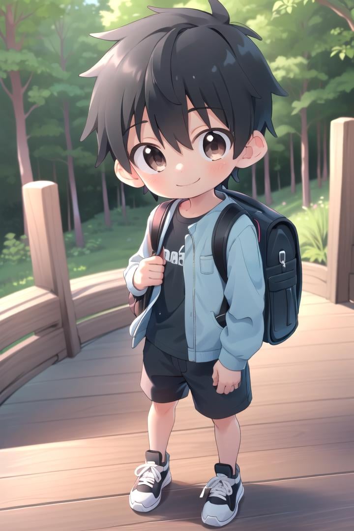 <lora:cutifiedanimecharacterdesign_variant_type_D_SD_v10:0.7>type-d, solo, looking at viewer, smile, short hair, shirt, black hair, 1boy, brown eyes, male focus, male child, wooden village, forest, full shot, sneakers, (straight on;1,2), front facing viewer, outside, bagpack