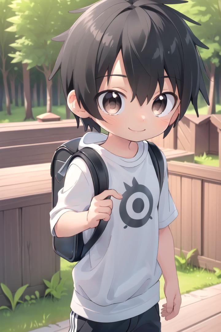 <lora:cutifiedanimecharacterdesign_variant_type_D_SD_v10:0.7>type-d, solo, looking at viewer, smile, short hair, shirt, black hair, 1boy, brown eyes, male focus, male child, wooden village, forest, full shot, sneakers, (straight on;1,2), front facing viewer, outside, bagpack