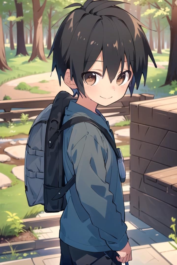 <lora:cutifiedanimecharacterdesign_variant_type_D_SD_v10:0.7>type-d, solo, looking at viewer, smile, short hair, shirt, black hair, 1boy, brown eyes, male focus, male child, wooden village, forest, full shot, sneakers, (straight on;1,2), front facing viewer, outside, bagpack