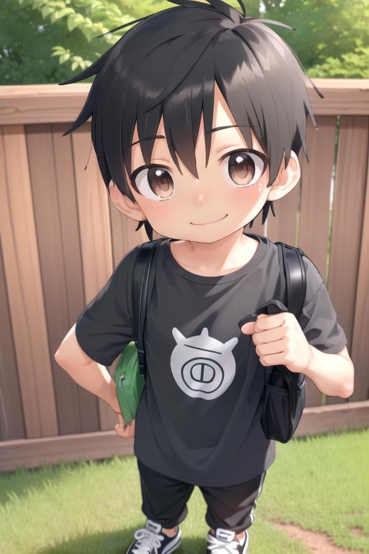 <lora:cutifiedanimecharacterdesign_variant_type_D_SD_v10:0.7>type-d, solo, looking at viewer, smile, short hair, shirt, black hair, 1boy, brown eyes, male focus, male child, wooden village, forest, full shot, sneakers, (straight on;1,2), front facing viewer, outside, bagpack