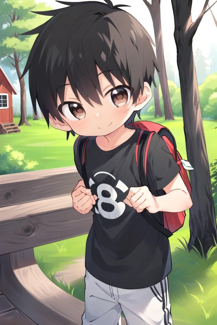 <lora:cutifiedanimecharacterdesign_variant_type_D_SD_v10:0.7>type-d, solo, looking at viewer, smile, short hair, shirt, black hair, 1boy, brown eyes, male focus, male child, wooden village, forest, full shot, sneakers, (straight on;1,2), front facing viewer, outside, bagpack