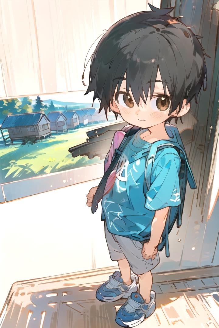 <lora:cutifiedanimecharacterdesign_variant_type_D_SD_v10:0.7>type-d, solo, looking at viewer, smile, short hair, shirt, black hair, 1boy, brown eyes, male focus, male child, wooden village, forest, full shot, sneakers, (straight on;1,2), front facing viewer, outside, bagpack