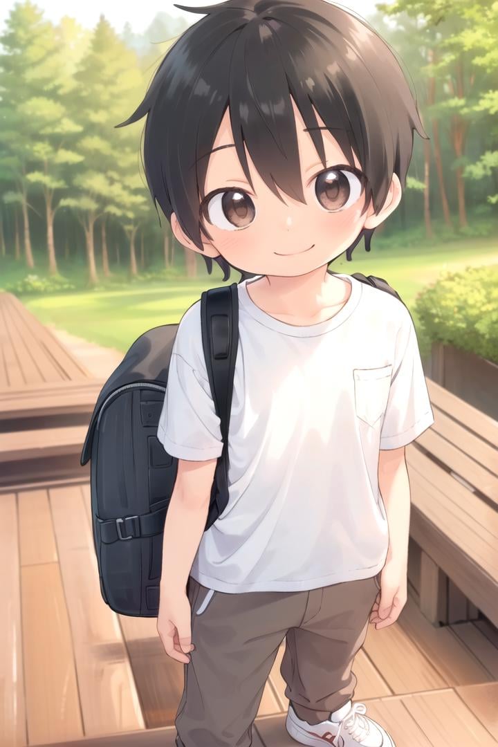 <lora:cutifiedanimecharacterdesign_variant_type_D_SD_v10:0.7>type-d, solo, looking at viewer, smile, short hair, shirt, black hair, 1boy, brown eyes, male focus, male child, wooden village, forest, full shot, sneakers, (straight on;1,2), front facing viewer, outside, bagpack