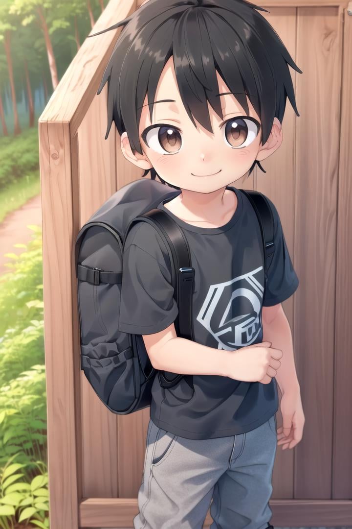 <lora:cutifiedanimecharacterdesign_variant_type_D_SD_v10:0.7>type-d, solo, looking at viewer, smile, short hair, shirt, black hair, 1boy, brown eyes, male focus, male child, wooden village, forest, full shot, sneakers, (straight on;1,2), front facing viewer, outside, bagpack