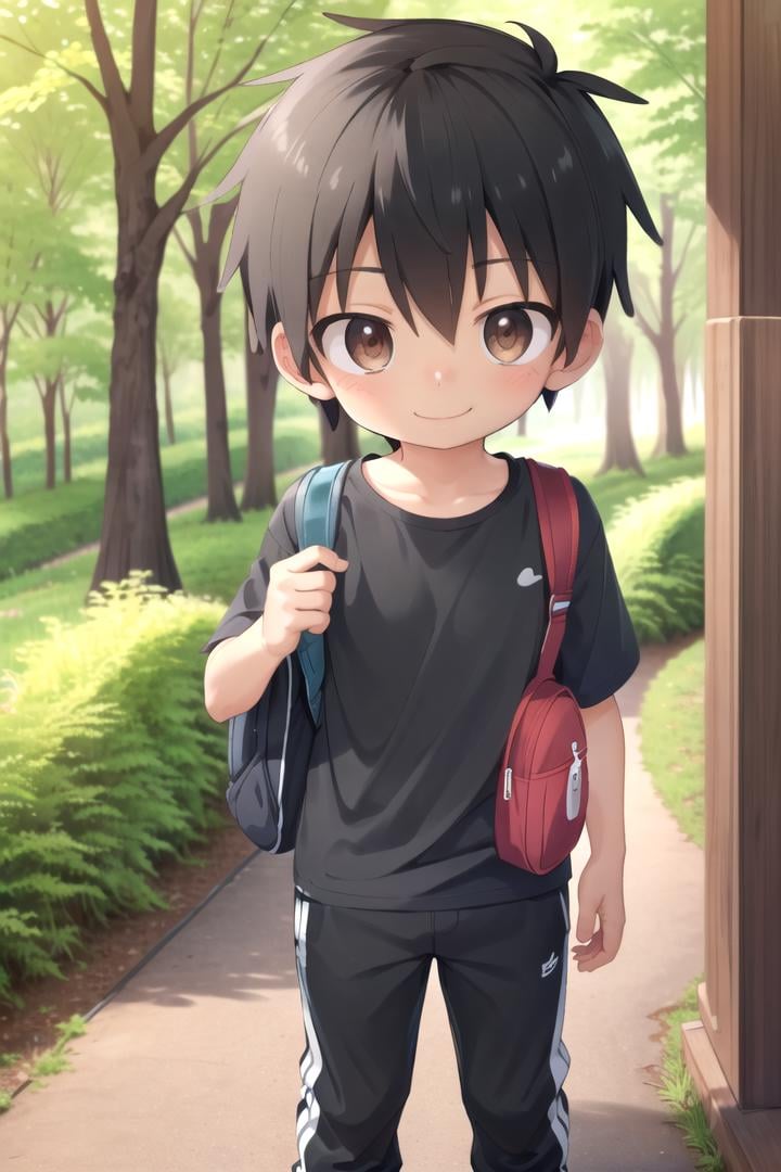 <lora:cutifiedanimecharacterdesign_variant_type_D_SD_v10:0.7>type-d, solo, looking at viewer, smile, short hair, shirt, black hair, 1boy, brown eyes, male focus, male child, wooden village, forest, full shot, sneakers, (straight on;1,2), front facing viewer, outside, bagpack