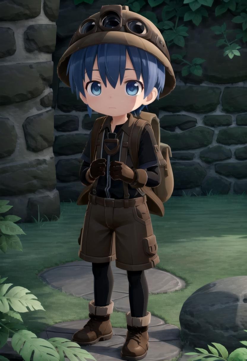 <lora:made_in_abyss_-_binary_star_-_aki-sd-v10:0.6>masterpiece, ultra detail, forest, detailed background, looking at camera, mia_aki, solo, blue eyes, shirt, gloves, 1boy, hat, holding, closed mouth, blue hair, standing, full body, male focus, boots, outdoors, shorts, black gloves, bag, black shirt, brown footwear, backpack, helmet, male child, brown shorts, whistle, pickaxe , draw it in the style of made in abyss,The soft lighting and detailed surroundings create an immersive environment where imagination runs wild hyper-detailed,hyper-detailed face, high quality visuals, dim Lighting, sharply focused, octane render, 8k UHD