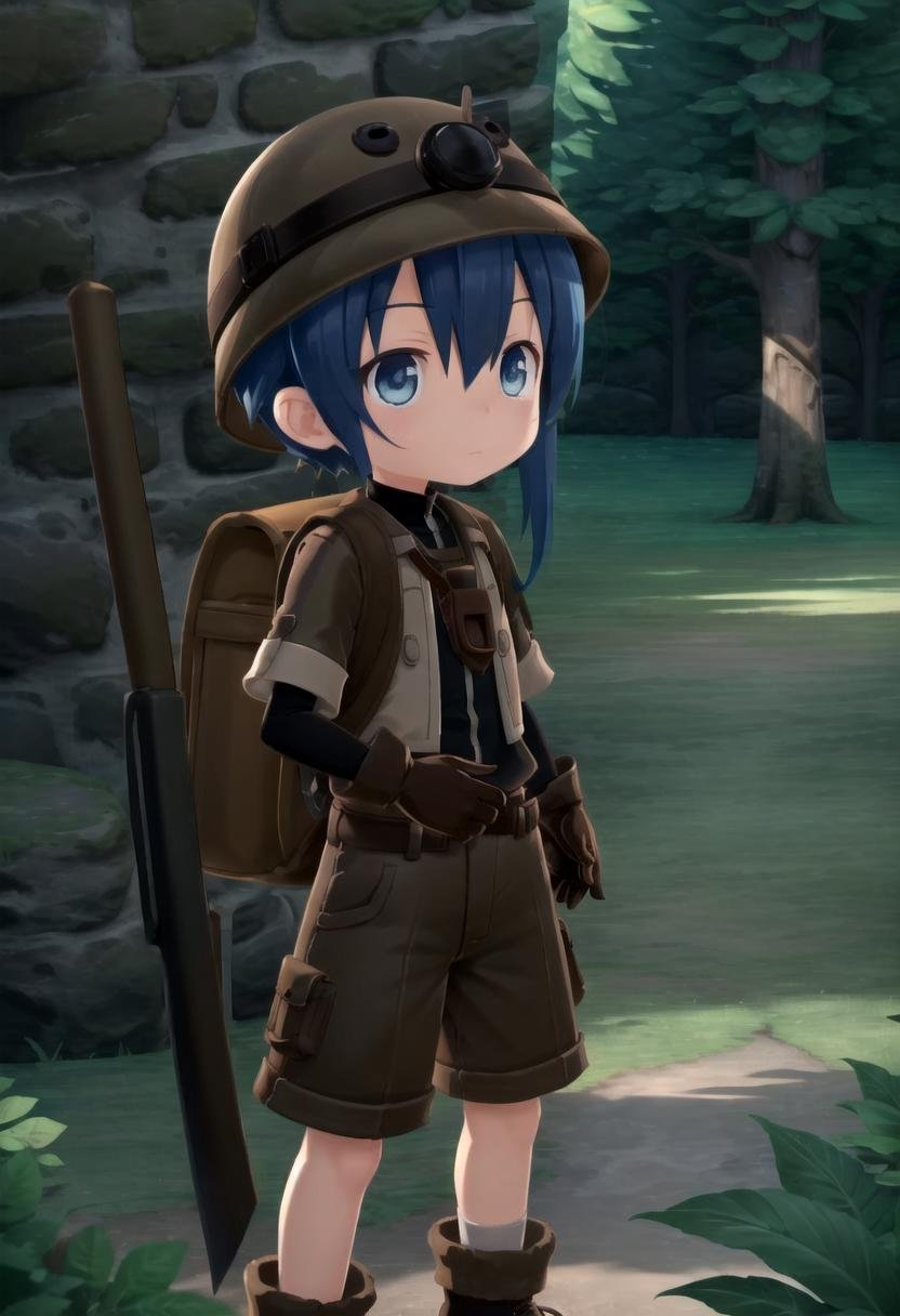 <lora:made_in_abyss_-_binary_star_-_aki-sd-v10:0.6>masterpiece, ultra detail, forest, detailed background, looking at camera, mia_aki, solo, blue eyes, shirt, gloves, 1boy, hat, holding, closed mouth, blue hair, standing, full body, male focus, boots, outdoors, shorts, black gloves, bag, black shirt, brown footwear, backpack, helmet, male child, brown shorts, whistle, pickaxe , draw it in the style of made in abyss,The soft lighting and detailed surroundings create an immersive environment where imagination runs wild hyper-detailed,hyper-detailed face, high quality visuals, dim Lighting, sharply focused, octane render, 8k UHD