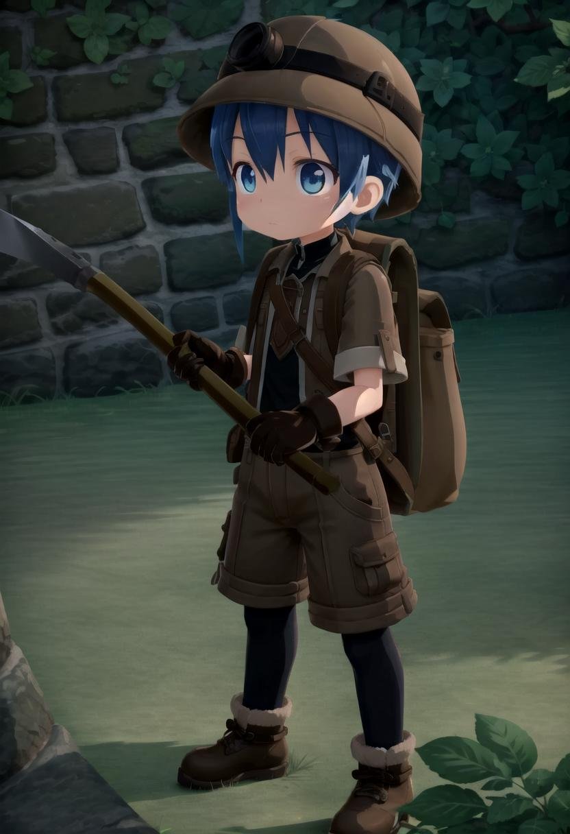 <lora:made_in_abyss_-_binary_star_-_aki-sd-v10:0.6>masterpiece, ultra detail, forest, detailed background, looking at camera, mia_aki, solo, blue eyes, shirt, gloves, 1boy, hat, holding, closed mouth, blue hair, standing, full body, male focus, boots, outdoors, shorts, black gloves, bag, black shirt, brown footwear, backpack, helmet, male child, brown shorts, whistle, pickaxe , draw it in the style of made in abyss,The soft lighting and detailed surroundings create an immersive environment where imagination runs wild hyper-detailed,hyper-detailed face, high quality visuals, dim Lighting, sharply focused, octane render, 8k UHD