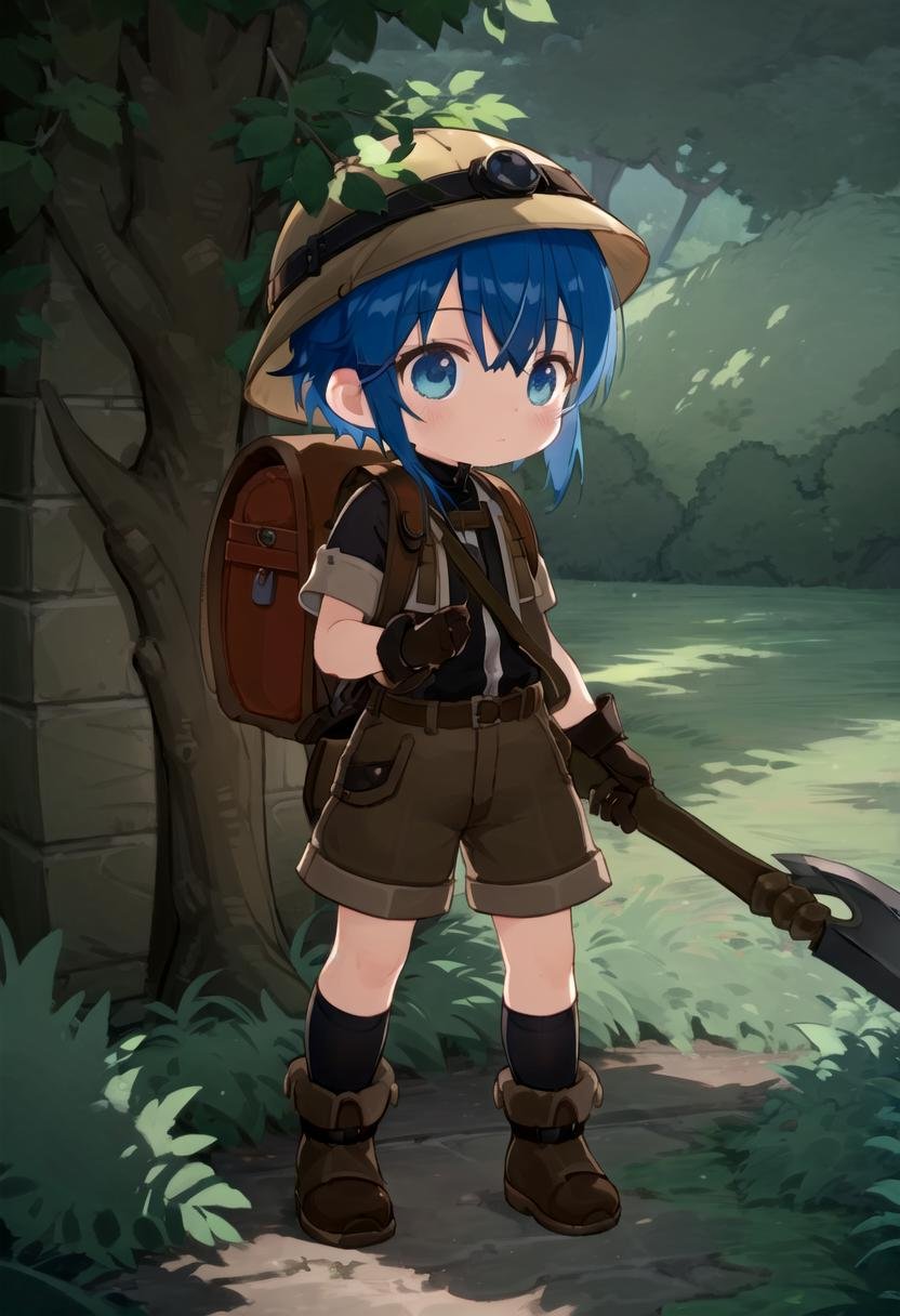 <lora:made_in_abyss_-_binary_star_-_aki-sd-v10:0.6>masterpiece, ultra detail, forest, detailed background, looking at camera, mia_aki, solo, blue eyes, shirt, gloves, 1boy, hat, holding, closed mouth, blue hair, standing, full body, male focus, boots, outdoors, shorts, black gloves, bag, black shirt, brown footwear, backpack, helmet, male child, brown shorts, whistle, pickaxe , draw it in the style of made in abyss,The soft lighting and detailed surroundings create an immersive environment where imagination runs wild hyper-detailed,hyper-detailed face, high quality visuals, dim Lighting, sharply focused, octane render, 8k UHD