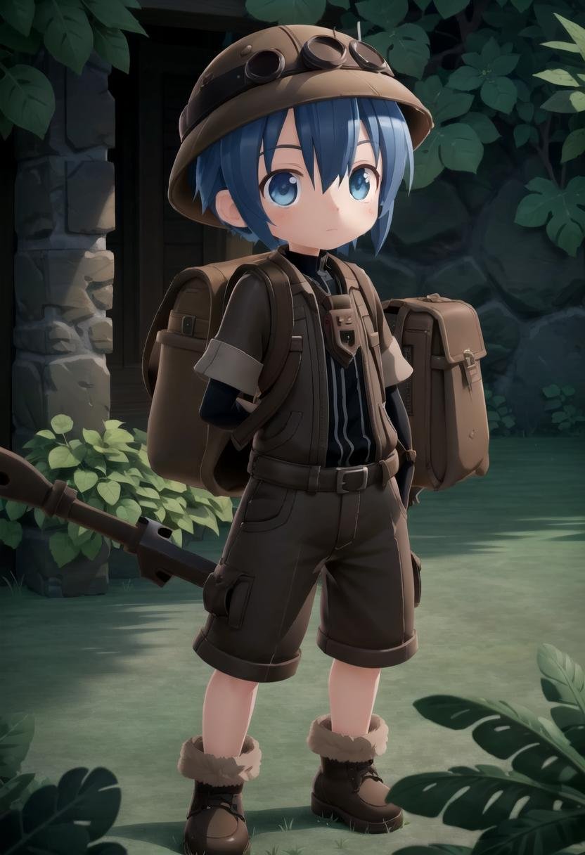 <lora:made_in_abyss_-_binary_star_-_aki-sd-v10:0.6>masterpiece, ultra detail, forest, detailed background, looking at camera, mia_aki, solo, blue eyes, shirt, gloves, 1boy, hat, holding, closed mouth, blue hair, standing, full body, male focus, boots, outdoors, shorts, black gloves, bag, black shirt, brown footwear, backpack, helmet, male child, brown shorts, whistle, pickaxe , draw it in the style of made in abyss,The soft lighting and detailed surroundings create an immersive environment where imagination runs wild hyper-detailed,hyper-detailed face, high quality visuals, dim Lighting, sharply focused, octane render, 8k UHD