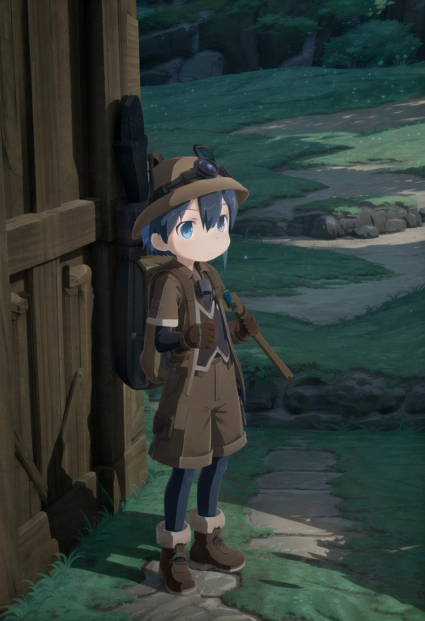 <lora:made_in_abyss_-_binary_star_-_aki-sd-v10:0.6>masterpiece, ultra detail, forest, detailed background, looking at camera, mia_aki, solo, blue eyes, shirt, gloves, 1boy, hat, holding, closed mouth, blue hair, standing, full body, male focus, boots, outdoors, shorts, black gloves, bag, black shirt, brown footwear, backpack, helmet, male child, brown shorts, whistle, pickaxe , draw it in the style of made in abyss,The soft lighting and detailed surroundings create an immersive environment where imagination runs wild hyper-detailed,hyper-detailed face, high quality visuals, dim Lighting, sharply focused, octane render, 8k UHD