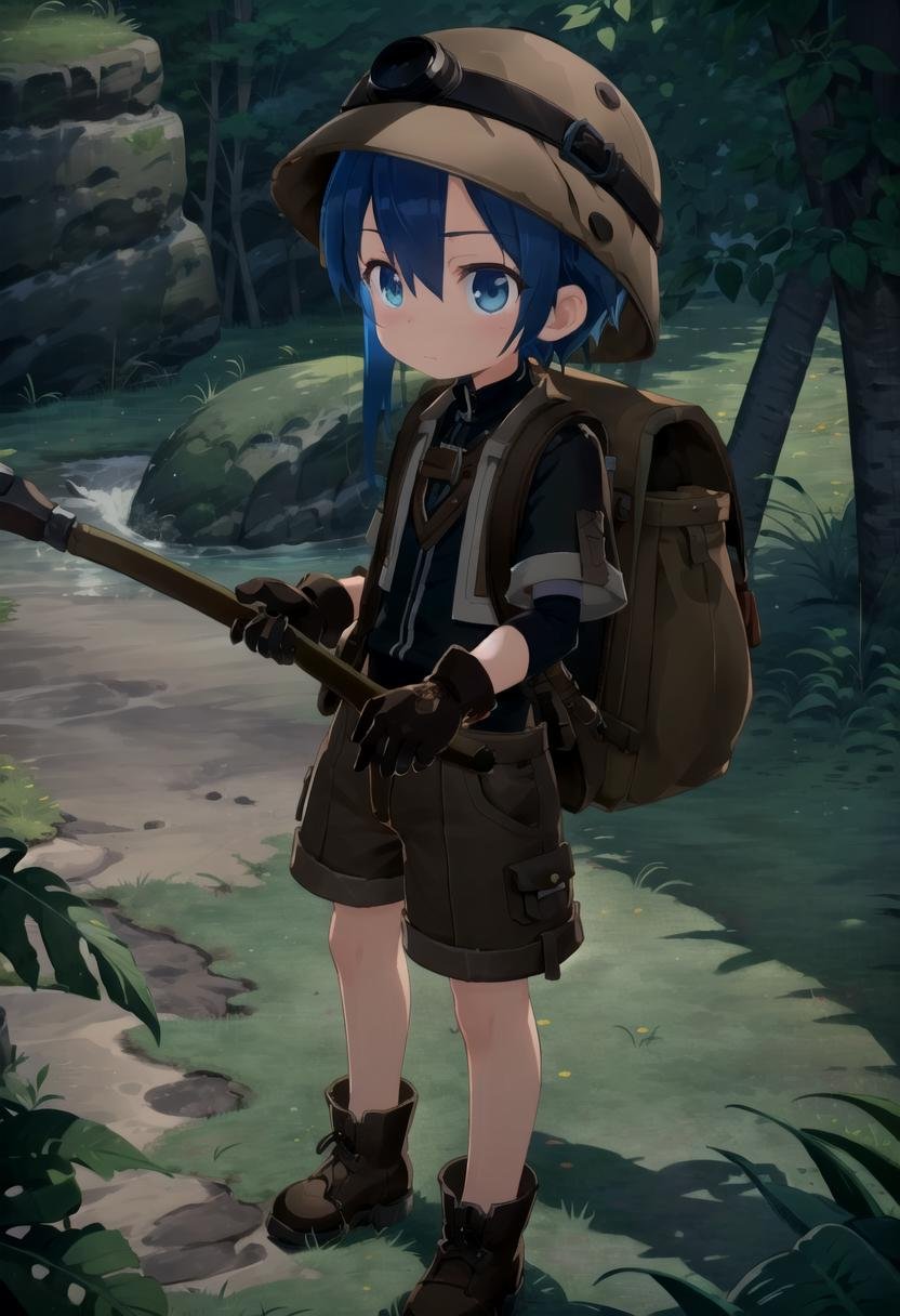 <lora:made_in_abyss_-_binary_star_-_aki-sd-v10:0.6>masterpiece, ultra detail, forest, detailed background, looking at camera, mia_aki, solo, blue eyes, shirt, gloves, 1boy, hat, holding, closed mouth, blue hair, standing, full body, male focus, boots, outdoors, shorts, black gloves, bag, black shirt, brown footwear, backpack, helmet, male child, brown shorts, whistle, pickaxe , draw it in the style of made in abyss,The soft lighting and detailed surroundings create an immersive environment where imagination runs wild hyper-detailed,hyper-detailed face, high quality visuals, dim Lighting, sharply focused, octane render, 8k UHD, petite