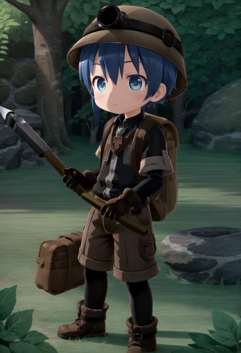 <lora:made_in_abyss_-_binary_star_-_aki-sd-v10:0.6>masterpiece, ultra detail, forest, detailed background, looking at camera, mia_aki, solo, blue eyes, shirt, gloves, 1boy, hat, holding, closed mouth, blue hair, standing, full body, male focus, boots, outdoors, shorts, black gloves, bag, black shirt, brown footwear, backpack, helmet, male child, brown shorts, whistle, pickaxe , draw it in the style of made in abyss,The soft lighting and detailed surroundings create an immersive environment where imagination runs wild hyper-detailed,hyper-detailed face, high quality visuals, dim Lighting, sharply focused, octane render, 8k UHD