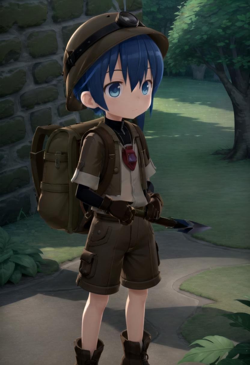 <lora:made_in_abyss_-_binary_star_-_aki-sd-v10:0.6>masterpiece, ultra detail, forest, detailed background, looking at camera, mia_aki, solo, blue eyes, shirt, gloves, 1boy, hat, holding, closed mouth, blue hair, standing, full body, male focus, boots, outdoors, shorts, black gloves, bag, black shirt, brown footwear, backpack, helmet, male child, brown shorts, whistle, pickaxe , draw it in the style of made in abyss,The soft lighting and detailed surroundings create an immersive environment where imagination runs wild hyper-detailed,hyper-detailed face, high quality visuals, dim Lighting, sharply focused, octane render, 8k UHD