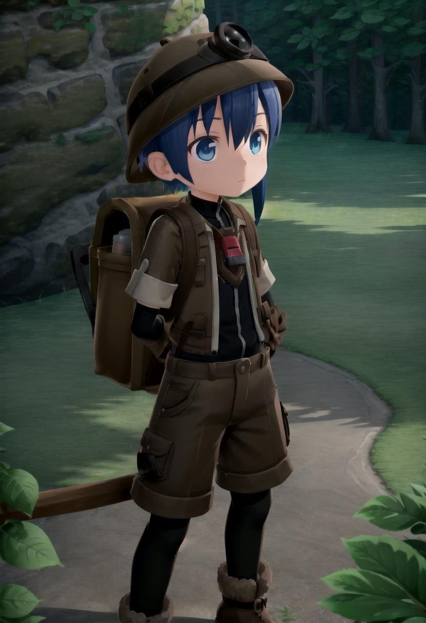 <lora:made_in_abyss_-_binary_star_-_aki-sd-v10:0.6>masterpiece, ultra detail, forest, detailed background, looking at camera, mia_aki, solo, blue eyes, shirt, gloves, 1boy, hat, holding, closed mouth, blue hair, standing, full body, male focus, boots, outdoors, shorts, black gloves, bag, black shirt, brown footwear, backpack, helmet, male child, brown shorts, whistle, pickaxe , draw it in the style of made in abyss,The soft lighting and detailed surroundings create an immersive environment where imagination runs wild hyper-detailed,hyper-detailed face, high quality visuals, dim Lighting, sharply focused, octane render, 8k UHD