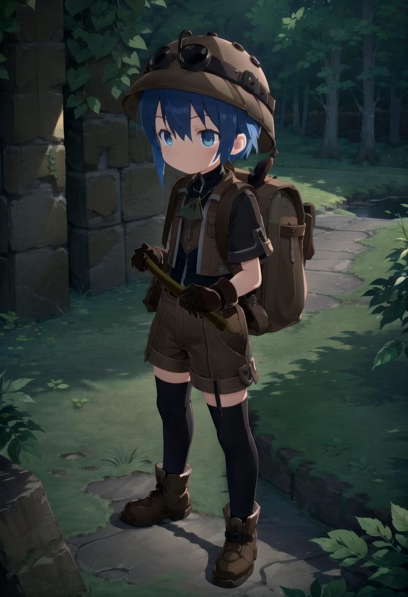 <lora:made_in_abyss_-_binary_star_-_aki-sd-v10:0.6>masterpiece, ultra detail, forest, detailed background, looking at camera, mia_aki, solo, blue eyes, shirt, gloves, 1boy, hat, holding, closed mouth, blue hair, standing, full body, male focus, boots, outdoors, shorts, black gloves, bag, black shirt, brown footwear, backpack, helmet, male child, brown shorts, whistle, pickaxe , draw it in the style of made in abyss,The soft lighting and detailed surroundings create an immersive environment where imagination runs wild hyper-detailed,hyper-detailed face, high quality visuals, dim Lighting, sharply focused, octane render, 8k UHD, petite