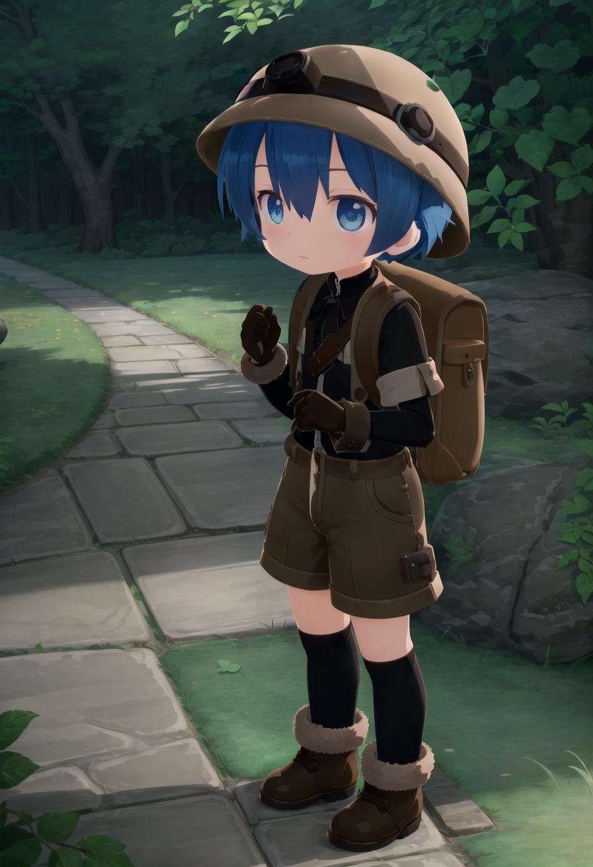 <lora:made_in_abyss_-_binary_star_-_aki-sd-v10:0.6>masterpiece, ultra detail, forest, detailed background, looking at camera, mia_aki, solo, blue eyes, shirt, gloves, 1boy, hat, holding, closed mouth, blue hair, standing, full body, male focus, boots, outdoors, shorts, black gloves, bag, black shirt, brown footwear, backpack, helmet, male child, brown shorts, whistle, pickaxe , draw it in the style of made in abyss,The soft lighting and detailed surroundings create an immersive environment where imagination runs wild hyper-detailed,hyper-detailed face, high quality visuals, dim Lighting, sharply focused, octane render, 8k UHD