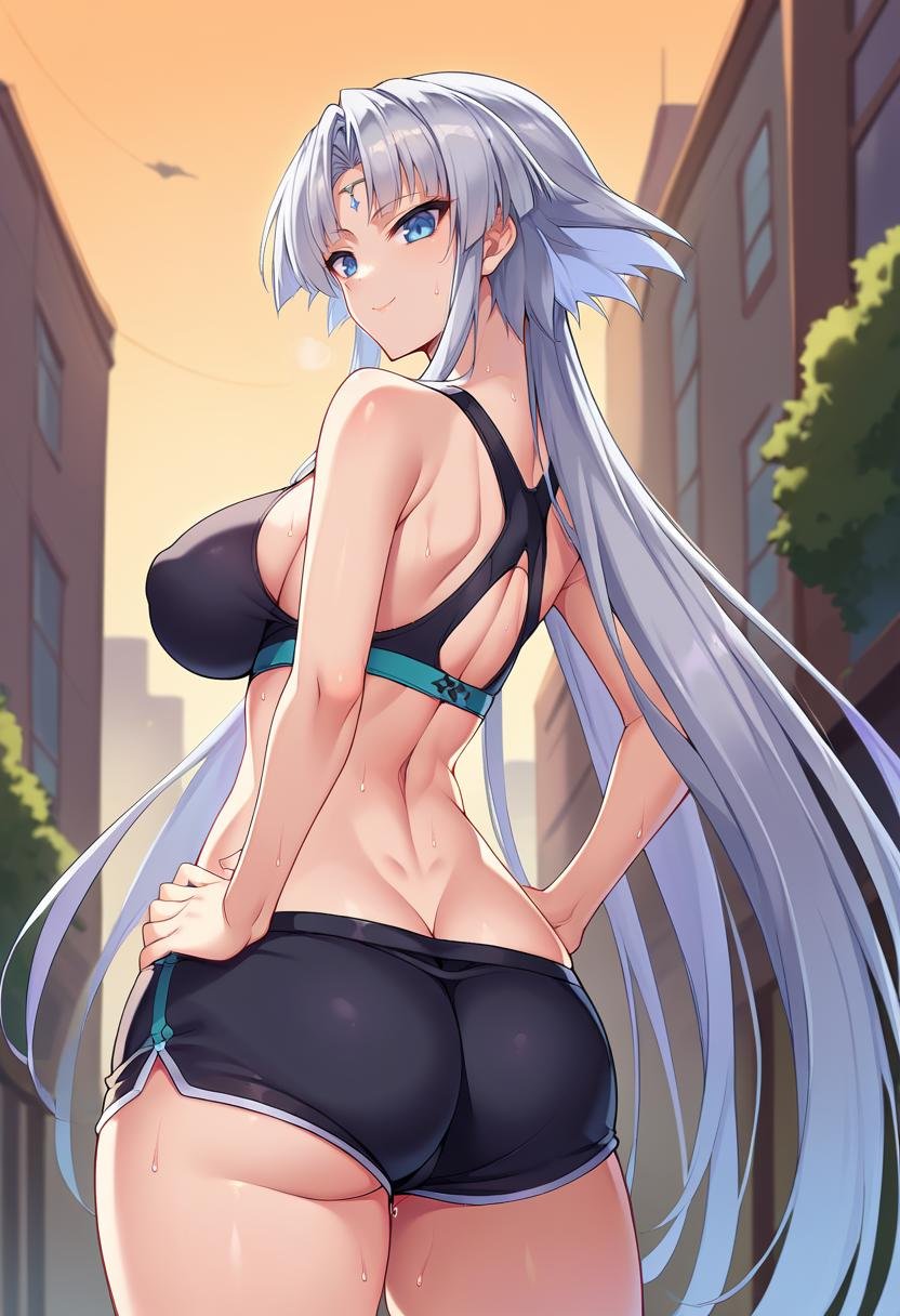 score_9,score_8_up,score_7_up BREAK aoi nagisa \(metalder\),1girl,jelolevia,solo,from behind,sweat,hands on own hips,large breasts,grey hair,blue eyes,low twintails,very long hair,forehead jewel,black sports bra,black shorts,ass,outdoors,city street,looking back,smile,<lora:Levia-JeloXL:1>,