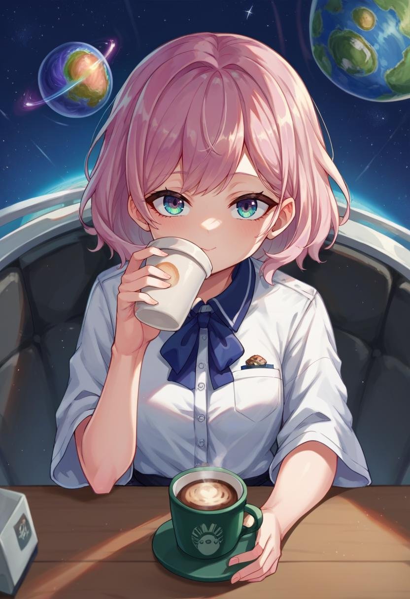 score_9,score_8_up,score_7_up,source_anime,1girl,solo,space,sitting on a chair,table,coffee cup,floating,drinking,planet,looking at viewer,pov