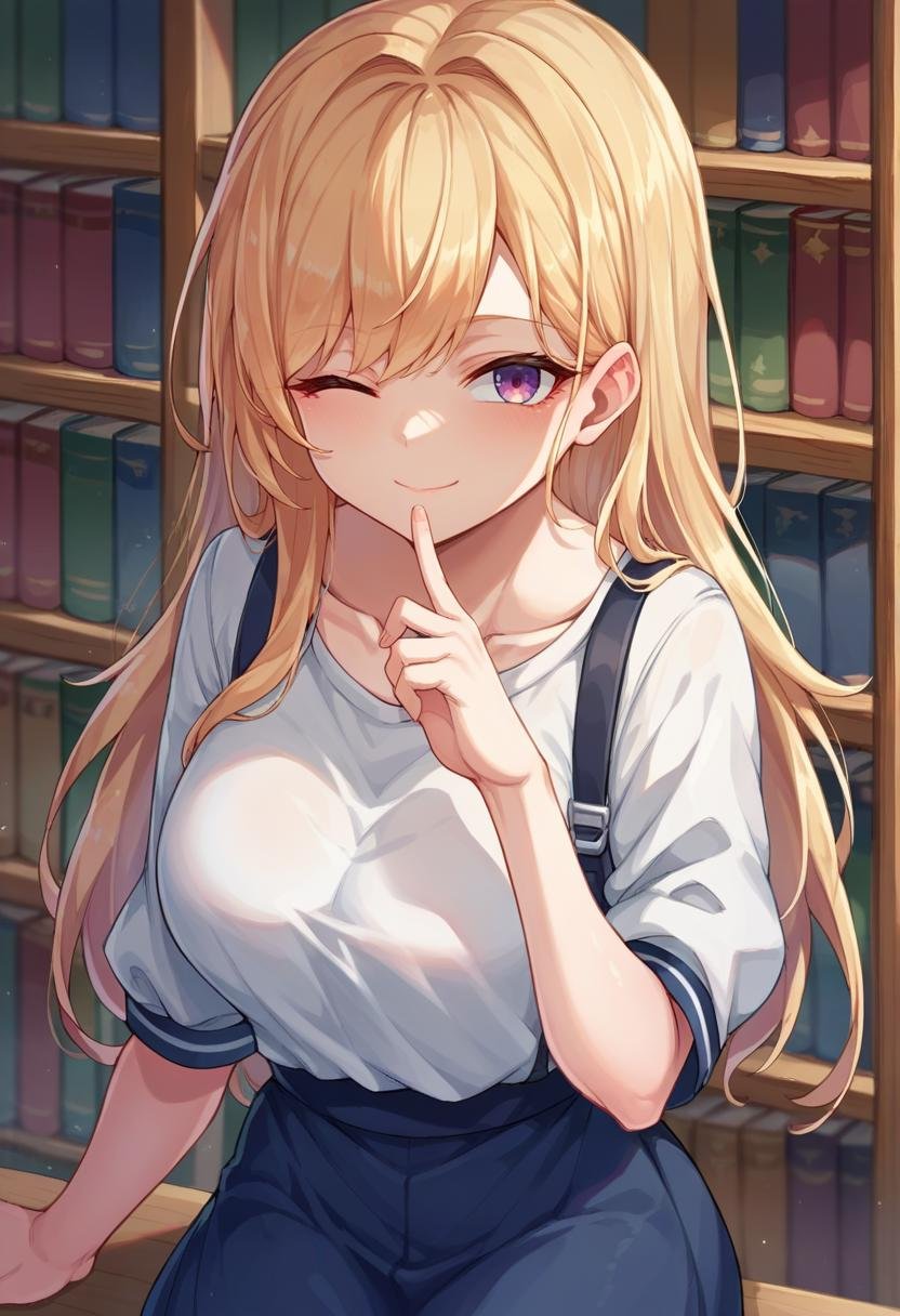 score_9,score_8_up,score_7_up,source_anime,1girl,solo,finger to mouth,closed mouth,one eye closed,light smile,library,looking at viewer,