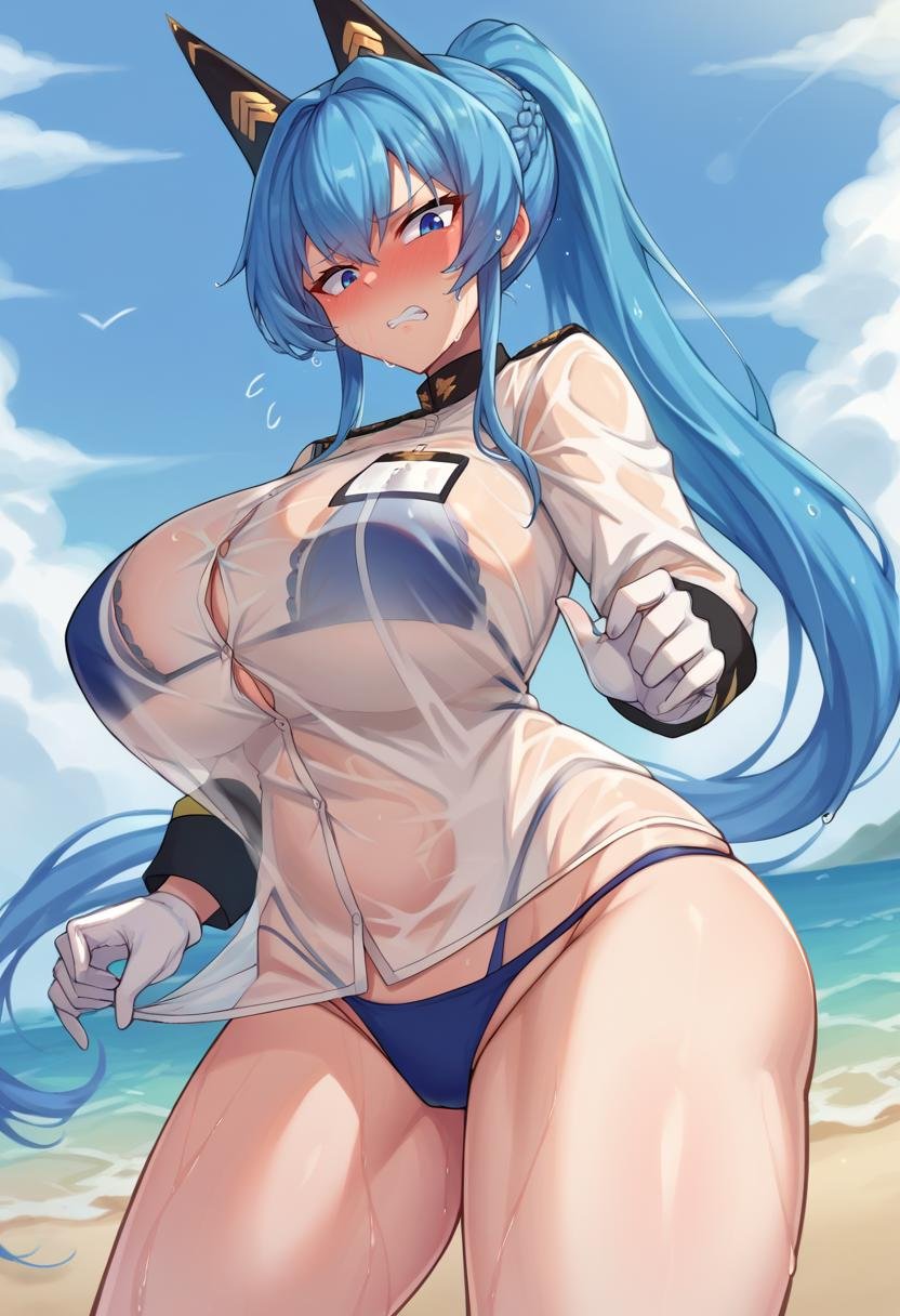 score_9,score_8_up,score_7_up,source_anime,helmswim,solo,standing,blue hair,long hair,ponytail,braid,headgear,blue eyes,see-through,bikini under clothes,blue bikini,military shirt,white gloves,bare legs,military shirt,wet,large breasts,embarrassed BREAK full-face blush,clenched teeth,looking at viewer,shirt pull,beach,<lora:helm-nikke-richy-v1_pdxl:1>,