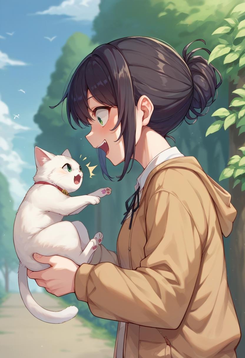 score_9,score_8_up,score_7_up,source_anime,1girl,side view,+ +,holding cat,outdoors,surprised,open mouth,happy,