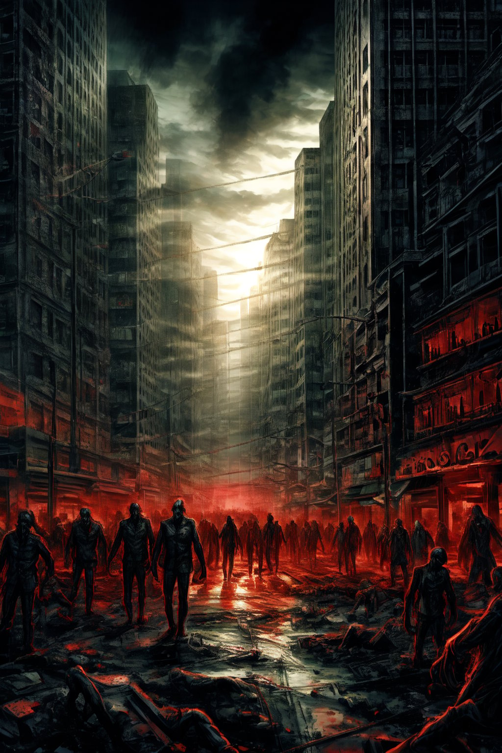 a lot of zombies walking through a citi, dark, rain, red lights,