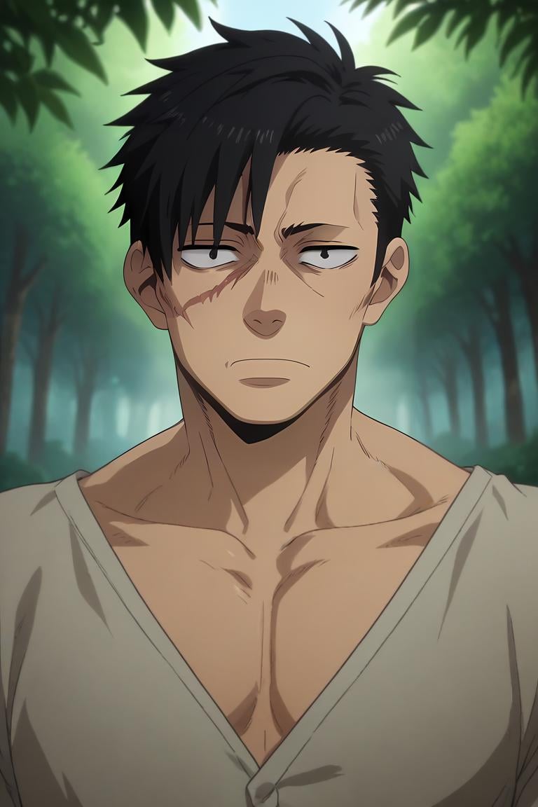 score_9, score_8_up, score_7_up, source_anime, anime screencap, anime coloring, , , upper body, depth of field, 1boy, solo, male focus, <lora:nicolas_brown_pony:1>, nicolas_brown, black hair, black eyes, short hair, , scar, , The Enchanted Forest, , <lora:sdxl_lightning_8step_lora:1>