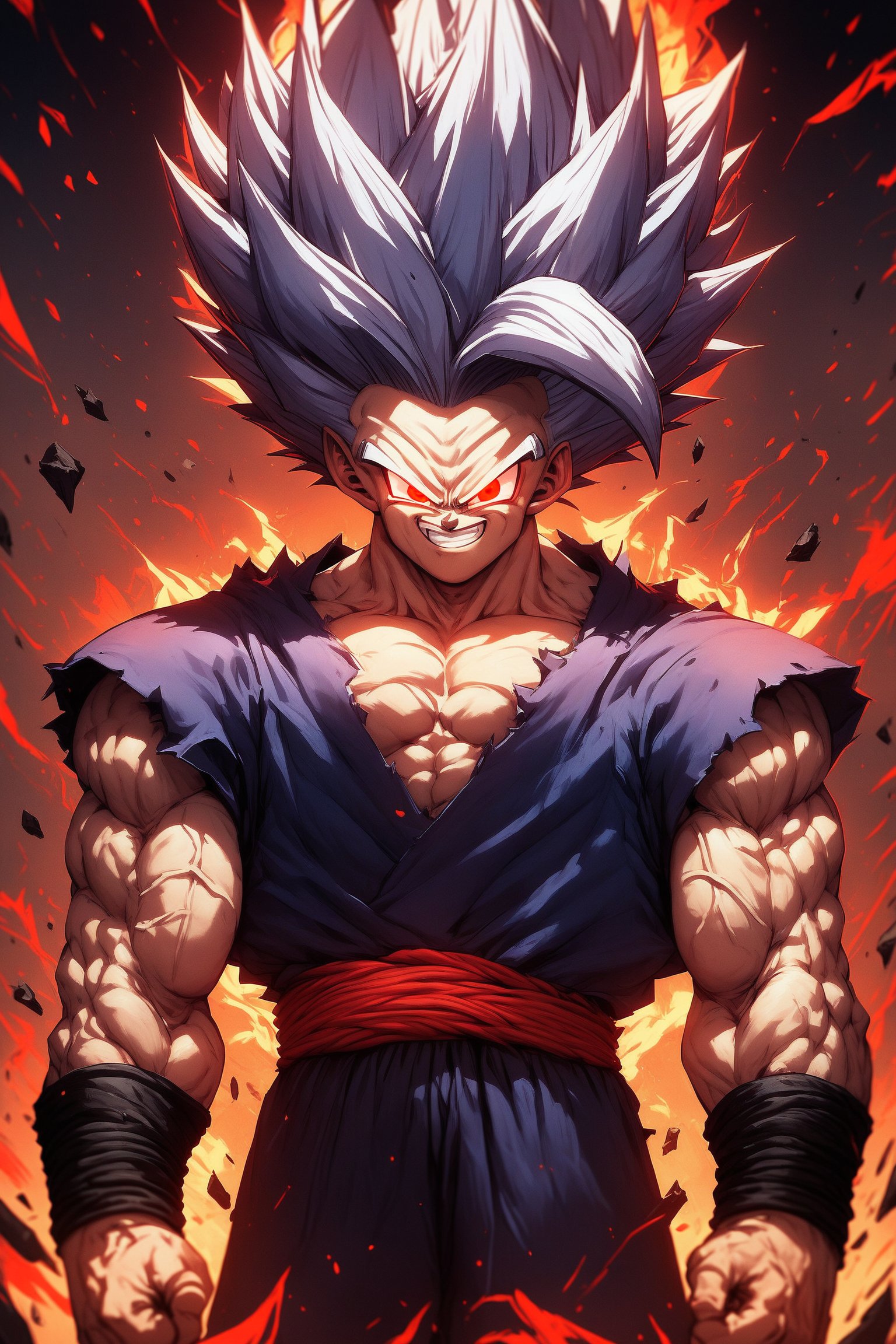 score_9_up, score_8_up, score_7_up, score_6_up, 1boy, muscular, evil smile, solo,,gohan_beast,  red eyes, rage2, glowing, glowing eyes, solo