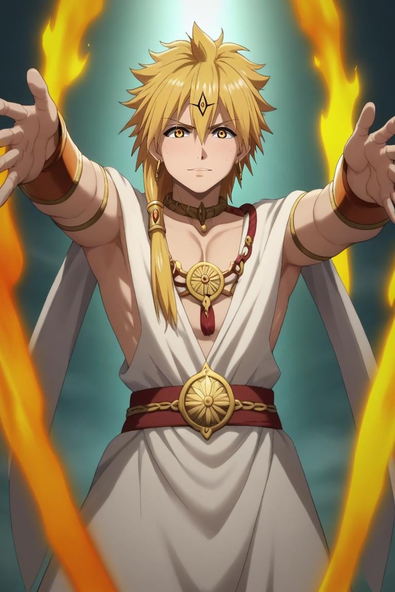 score_9, score_8_up, score_7_up, source_anime, (realistic:0.6), looking at viewer, , , 1boy, solo, male focus, <lora:alibaba_saluja_pony:0.92>, alibaba_saluja, blonde hair, yellow eyes, long hair, djinn equip, fire, , science fiction time travel, Arms outstretched, inviting a hug, <lora:sdxl_lightning_8step_lora:1>