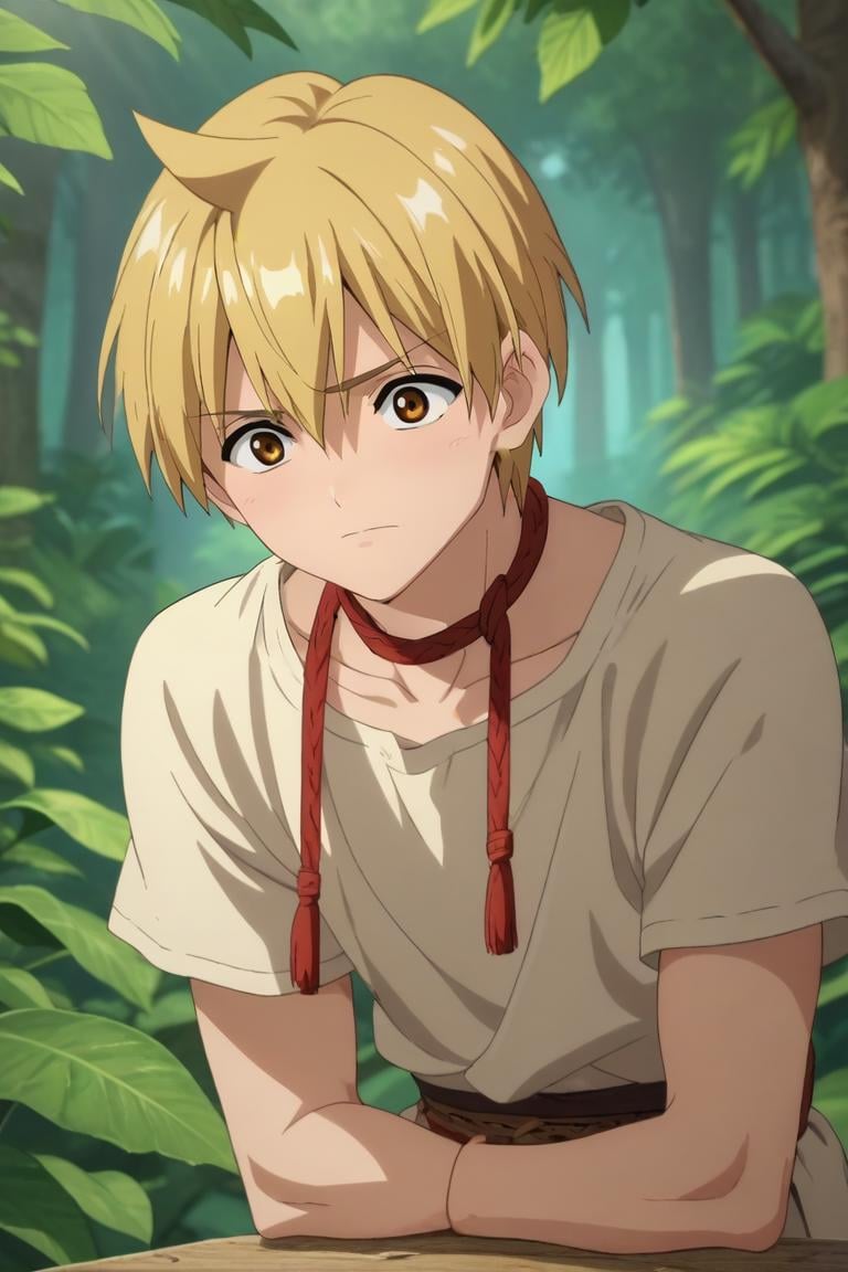 score_9, score_8_up, score_7_up, source_anime, anime screencap, , official style, , upper body, depth of field, 1boy, solo, male focus, <lora:alibaba_saluja_pony:0.9>, alibaba_saluja, blonde hair, brown eyes, short hair, , An enchanted forest where magical creatures and plants abound, Leaning forward with curiosity, <lora:sdxl_lightning_8step_lora:1>