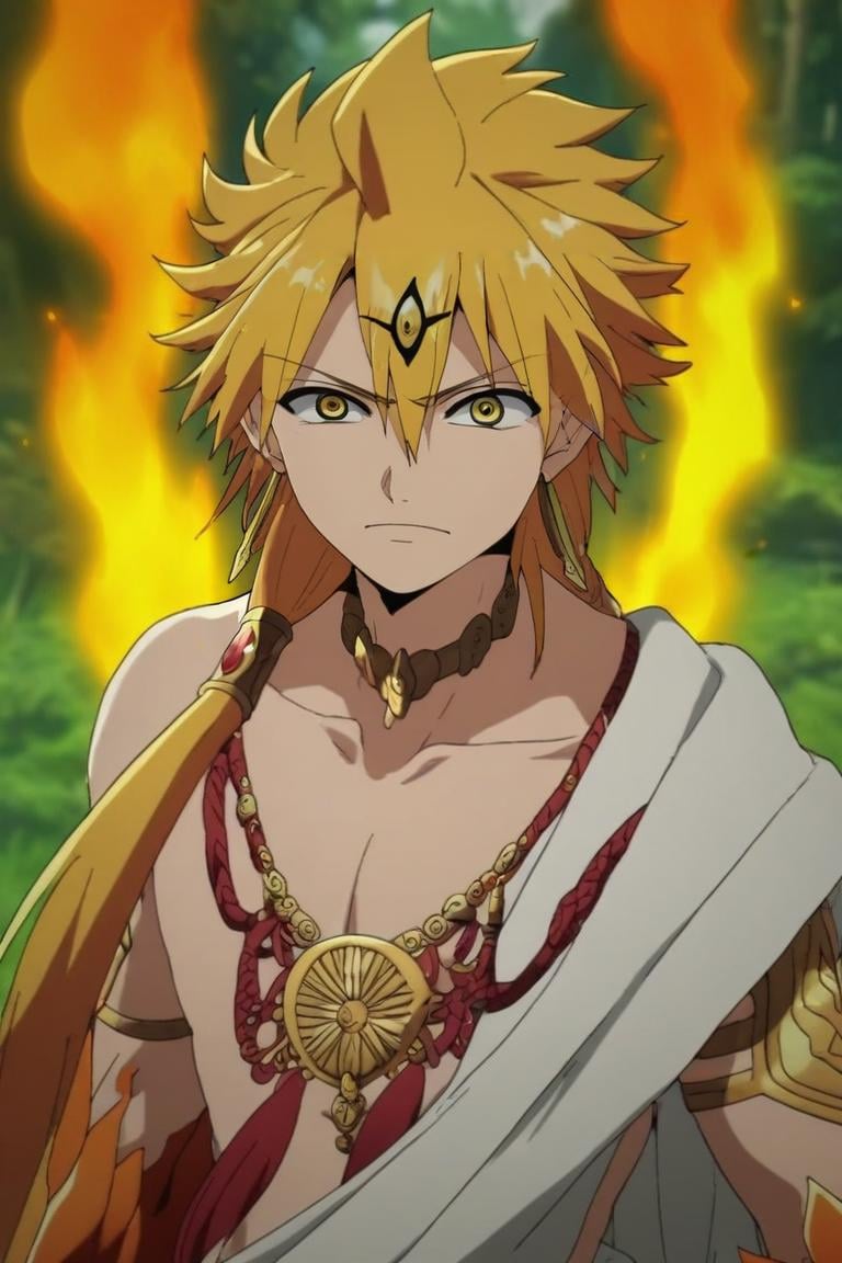 score_9, score_8_up, score_7_up, source_anime, , , upper body, depth of field, 1boy, solo, male focus, <lora:alibaba_saluja_pony:0.86>, alibaba_saluja, blonde hair, yellow eyes, long hair, djinn equip, fire, , The Enchanted Forest, , <lora:sdxl_lightning_8step_lora:1>