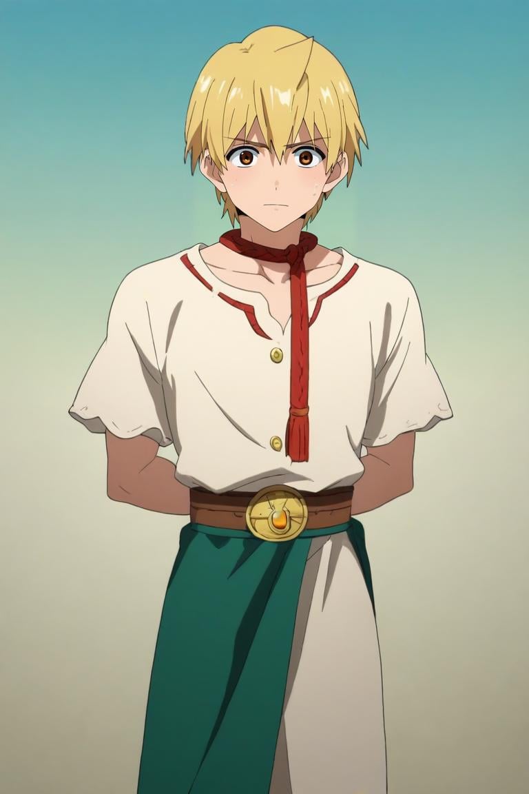 score_9, score_8_up, score_7_up, source_anime, anime screencap, anime coloring, official style, , , , 1boy, solo, male focus, <lora:alibaba_saluja_pony:0.78>, alibaba_saluja, blonde hair, brown eyes, short hair, cowboy costume, A magical kingdom where everything is perfect and everyone is happy, Hands behind back, suggesting confidence or restraint, <lora:sdxl_lightning_8step_lora:1>