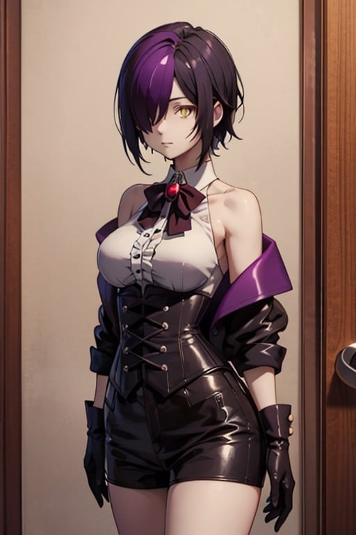 (masterpiece), best quality, expressive eyes, perfect face, nihilo, short hair, black hair, purple hair, yellow eyes, hair over one eye, shirt, white shirt, bare shoulders, sleeveless, sleeveless shirt, collared shirt, bow, bowtie, black jacket, center frills, brooch, frills, frilled shirt, gloves, black gloves, shorts, black shorts, short shorts, purple bow, corset, solo, standing, , <lora:adbabf8d-54fe-40d2-bc52-0efc04ba1cc7:0.8>