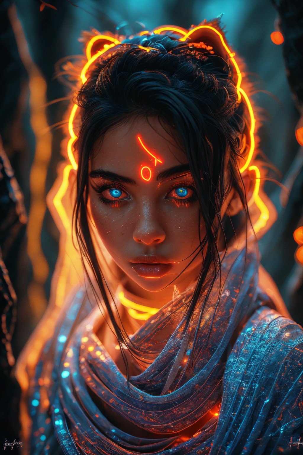 Glowing color,  colour grading, so many colour light, particle Raw photo of (18yo Kerala Beautiful young woman:1.1, (best quality, highres, ultra-detailed:1.2), This breathtaking photograph, shot on a Canon 1DX with a 50 mm f/2.8 lens, beautifully showcases the raw and authentic beauty of life. high resolution 8k image quality, vibrant colors, glowing dimond, glowing eyes, realistic Raw photo, realistic lighting, traditional Red saree,  exotic beauty, mesmerizing eyes, girl ,Thrissur,Mallu,Saree,Alien species with face glow skin spot,CyberpunkWorld