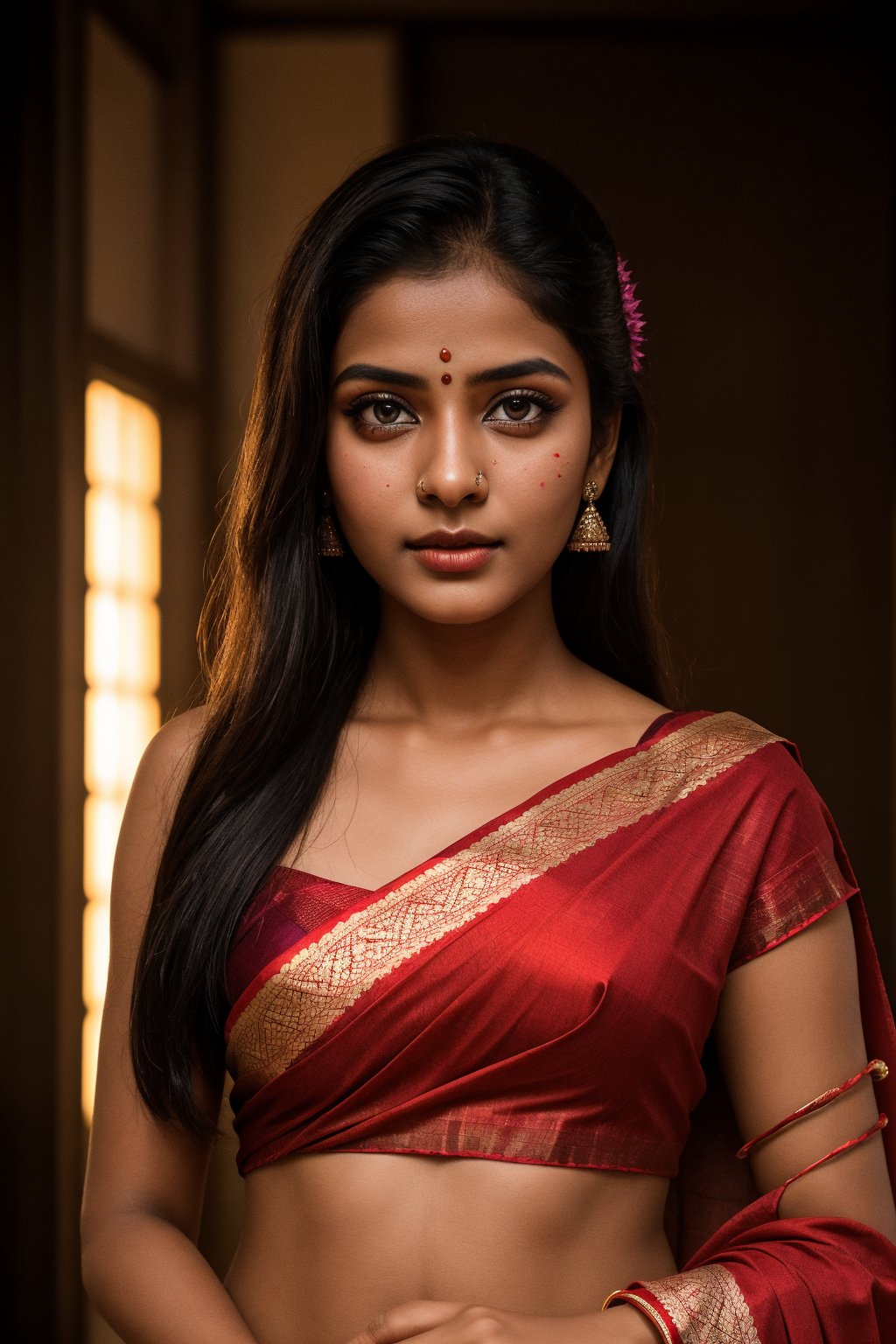 Glowing color,  colour grading, so many colour light, particle Raw photo of (18yo Kerala Beautiful young woman:1.1, (best quality, highres, ultra-detailed:1.2), This breathtaking photograph, shot on a Canon 1DX with a 50 mm f/2.8 lens, beautifully showcases the raw and authentic beauty of life. high resolution 8k image quality, vibrant colors, glowing dimond, glowing eyes, realistic Raw photo, realistic lighting, traditional Red saree,  exotic beauty, mesmerizing eyes, girl ,Thrissur,Mallu,Saree,Alien species with face glow skin spot,CyberpunkWorld