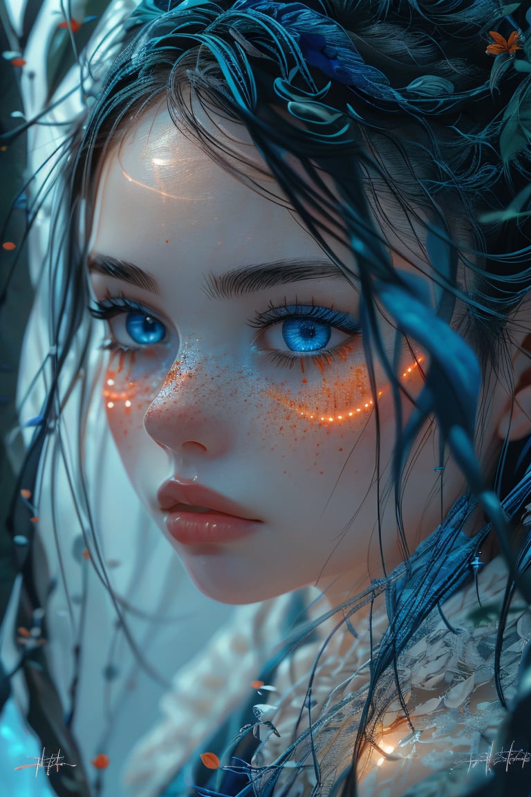 1girl, solo, long hair, looking at viewer, green eyes, parted lips, blurry, lips, eyelashes, glowing, watermark, portrait, freckles, realistic,  looking at viewer, blue eyes, black hair, closed mouth, blue hair, upper body, flower, blurry, from side, lips, eyelashes, depth of field, watermark, plant,realistic, nose