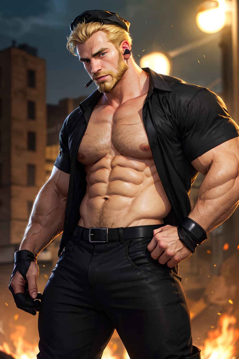 solo male, Killer T Cell \(Cells at Work\), tan skin, blond hair, black eyes, facial hair, beard, scar on face, uniform, black shirt, partially open shirt, partially open clothes, pectoral, black pants, black cap, earpiece, fingerless gloves, boots, mature, handsome, muscular, bulky, charming, alluring, standing, upper body, ((perfect anatomy, perfect proportions)), best quality, masterpiece, high_resolution, dutch angle, cowboy shot, photo background
