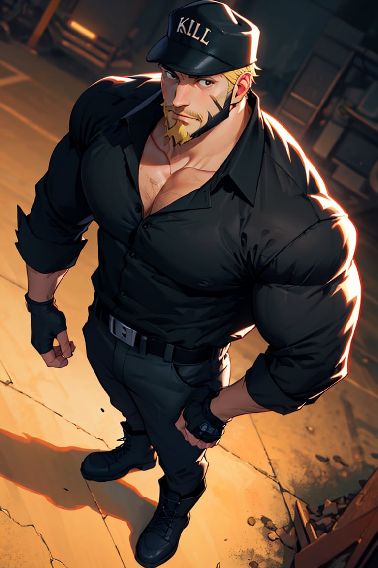 solo male, Killer T Cell \(Cells at Work\), tan skin, blond hair, black eyes, facial hair, beard, scar on face, uniform, black shirt, partially open shirt, partially open clothes, pectoral, black pants, black cap, earpiece, fingerless gloves, boots, mature, handsome, muscular, bulky, charming, alluring, standing, upper body, ((perfect anatomy, perfect proportions)), best quality, masterpiece, high_resolution, dutch angle, cowboy shot, photo background
