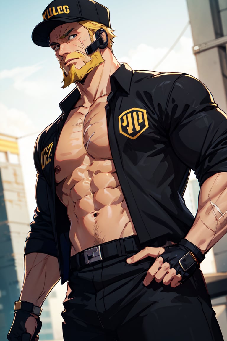 solo male, Killer T Cell \(Cells at Work\), tan skin, blond hair, black eyes, facial hair, beard, scar on face, uniform, black shirt, partially open shirt, partially open clothes, pectoral, black pants, black cap, earpiece, fingerless gloves, boots, mature, handsome, muscular, bulky, charming, alluring, standing, upper body, perfect anatomy, perfect proportions, best quality, masterpiece, high_resolution, dutch angle, cowboy shot, photo background
