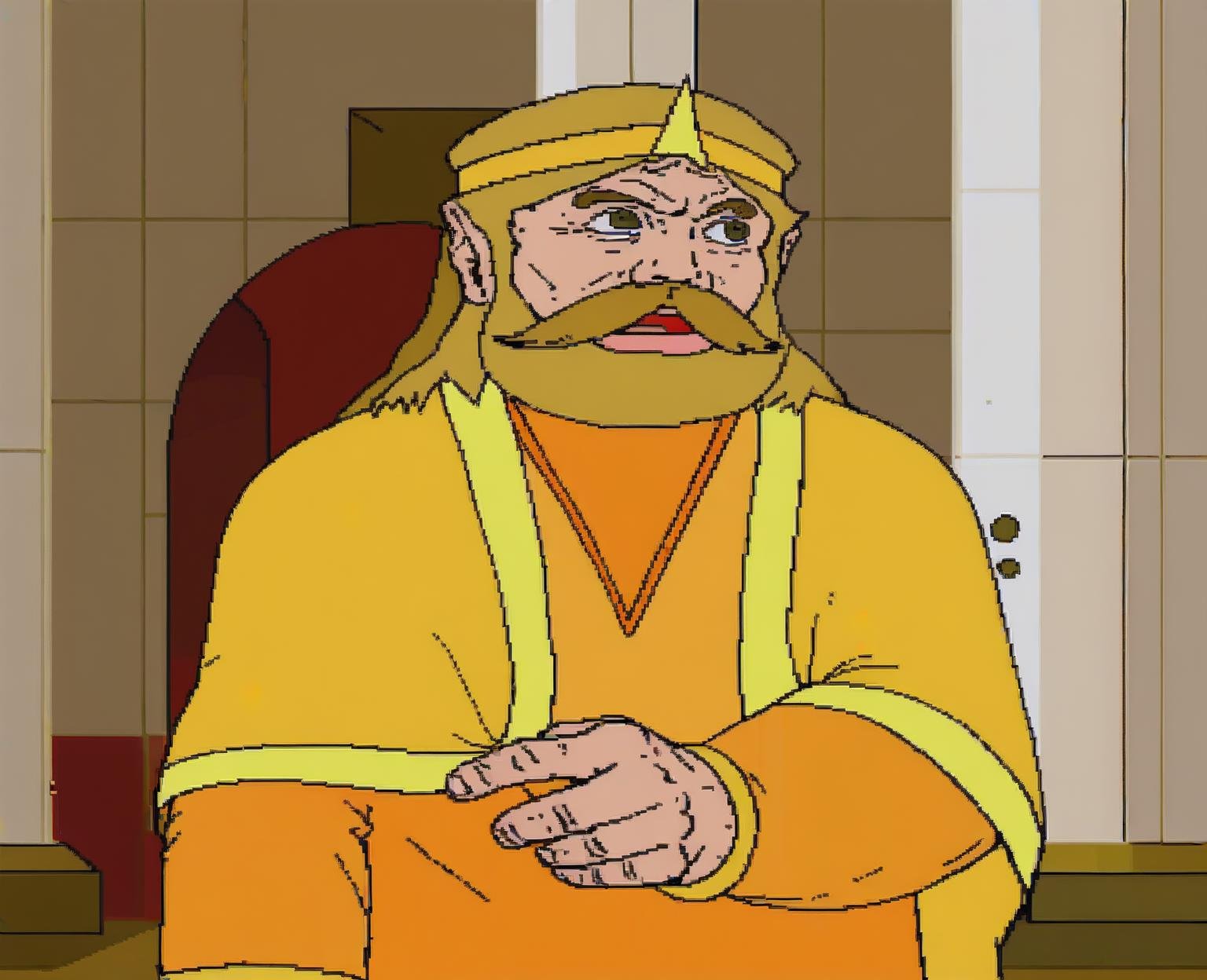 score_9, score_8_up, score_7_up, score_6_up, score_5_up, score_4_up, source_cartoon, indoors, 2D, flat shading, flat color, jaggy lines, 1boy, male focus, solo, facial hair, beard, mustache, indoors, upper body, blonde hair, king harkinian, open mouth, armor, chair, door, long sleeves, sitting, brown eyes, orange robe, yellow cape, looking to the side, crown <lora:cdi_pdxl_:1> 