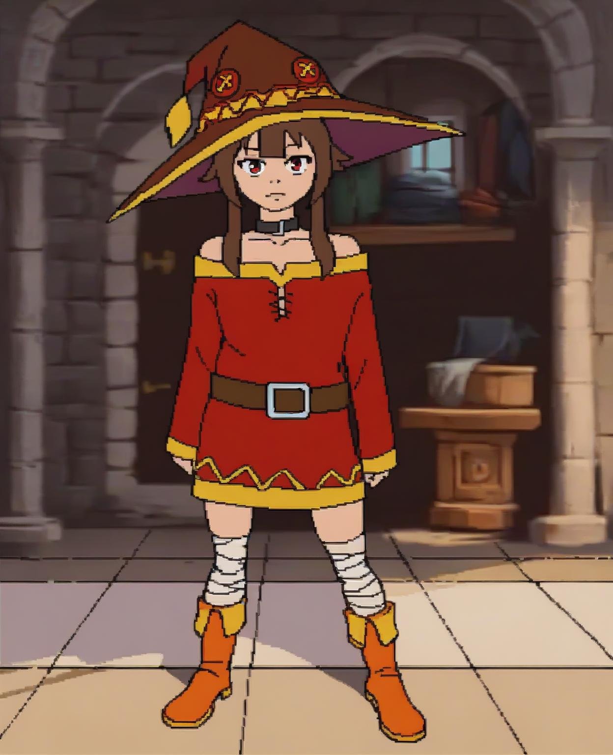 score_9, score_8_up, score_7_up, score_6_up, score_5_up, score_4_up, source_anime, indoors, 2D, flat shading, flat color, jaggy lines, megumin \(konosuba\), human, mammal, bandage, belt, boots, brown hair, clothed, clothing, female, footwear, hair, hat, headgear, headwear, jewelry, looking at viewer, necklace, red eyes, indoors, window, solo, standing, wizard hat, upper body, close-up <lora:cdi_pdxl_:1> 