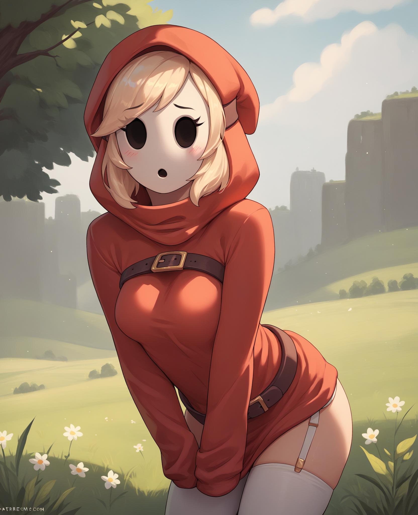 score_9, score_8_up, score_7_up, score_6_up, score_5_up, score_4_up, source_furry, human, mammal, shyguy, mario \(series\), breasts, clothed, clothing, female, hood, legwear, light body, light skin, mask, not furry, simple background, solo, stockings, detailed background, outside, field, eyelashes, looking at viewer, shy, nervous, (fingertips touching:1.4),  <lora:shyguy_pdxl:1>