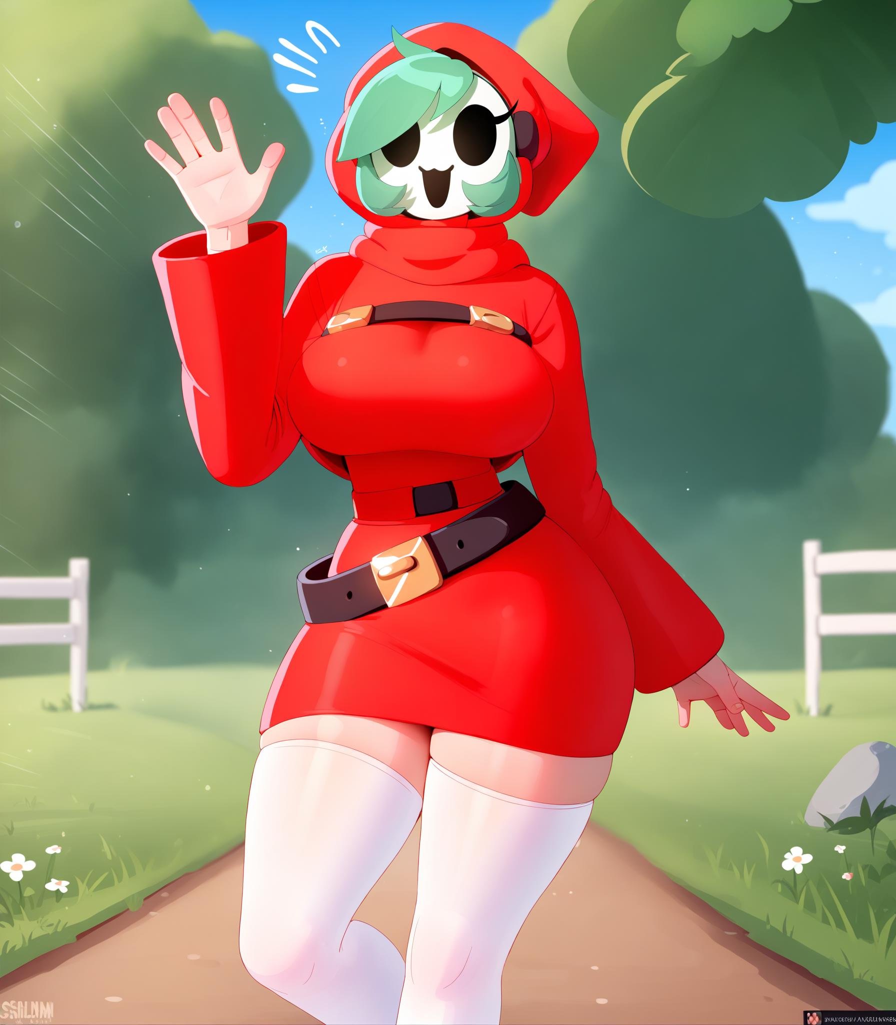 score_9, score_8_up, score_7_up, score_6_up, score_5_up, score_4_up, source_furry, smh, shyguy, mario \(series\), breasts, clothed, clothing, female, hood, legwear, light body, light skin, mask, not furry, simple background, solo, stockings, detailed background, outside, field, eyelashes, looking at viewer, belt, happy, running towards viewer, walking towards viewer, waving, waving at viewer, excited, happy, smile, open smile, ;o, simple face, simple mouth, waist belt, motion lines, emanata, big breasts <lora:shyguy_pdxl:1>