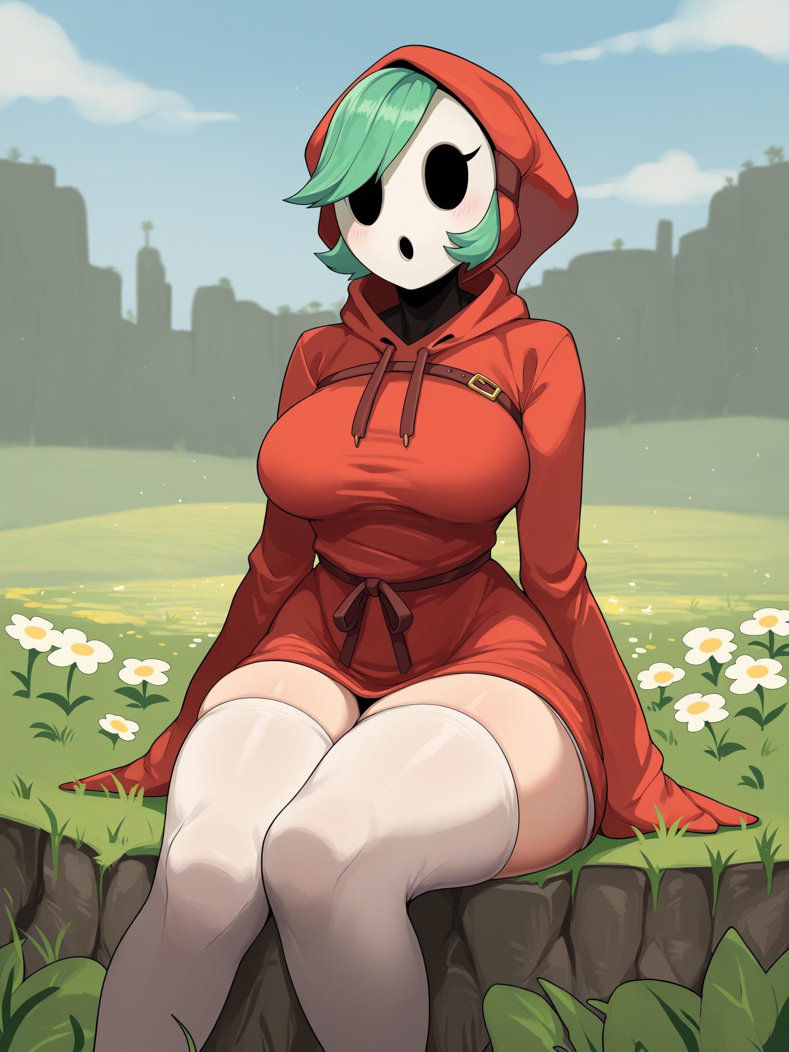 score_9, score_8_up, score_7_up, score_6_up, score_5_up, score_4_up, source_furry, dnt, human, mammal, shyguy, mario \(series\), breasts, clothed, clothing, female, hood, legwear, light body, light skin, mask, not furry, simple background, solo, stockings, detailed background, outside, field, eyelashes<lora:shyguy_pdxl:1>