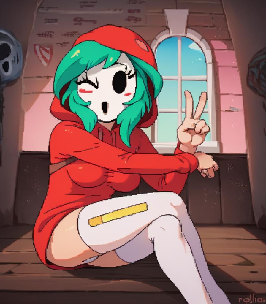 score_9, score_8_up, score_7_up, score_6_up, score_5_up, score_4_up, source_cartoon, shyguy, mario \(series\), breasts, clothed, clothing, female, hood, legwear, light skin, (mask:1.2), not furry, solo, detailed background, eyelashes, motion lines, emanata, inside, window, (wink, one eye closed:1.2), gesture, v, v sign, looking at viewer <lora:shyguy_pdxl:1>  <lora:cdi_pdxl_:1>