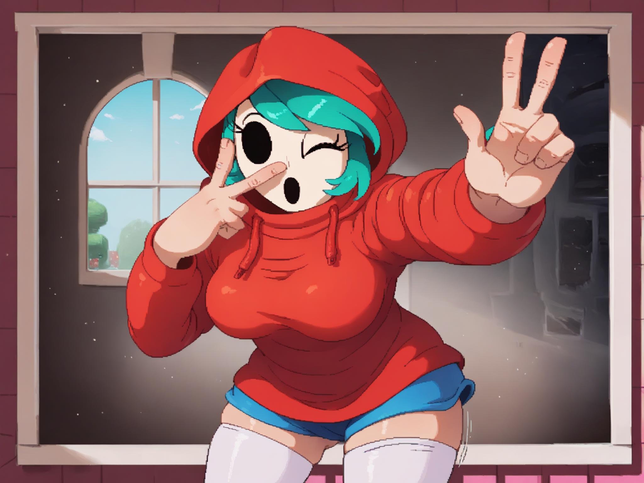 score_9, score_8_up, score_7_up, score_6_up, score_5_up, score_4_up, source_cartoon, shyguy, mario \(series\), breasts, clothed, clothing, female, hood, legwear, light skin, (mask:1.2), not furry, solo, detailed background, eyelashes, motion lines, emanata, inside, window, (wink, one eye closed:1.2), gesture, v, v sign, looking at viewer<lora:shyguy_pdxl:1>  <lora:cdi_pdxl_:1>